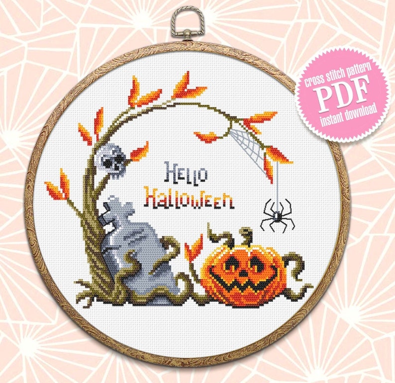 Hello Halloween Cross Stitch Pattern Download PDF Pumpkin Cross Stitch ...