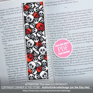 Gothic bookmark cross stitch pattern download PDF Spooky handmade bookmark pattern Halloween skulls cross stitch chart Gothic ornament #B108