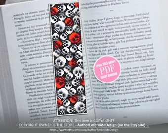 Gothic bookmark cross stitch pattern download PDF Spooky handmade bookmark pattern Halloween skulls cross stitch chart Gothic ornament #B108