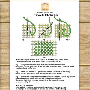 Puede incluir: Diagramas que ilustran el m&eacute;todo "Single Stitch" para punto de cruz, con hilo verde y agujas sobre una cuadr&iacute;cula. El texto explica cada paso, incluida la formaci&oacute;n de una media cruz y la finalizaci&oacute;n de la puntada. Fondo de madera.