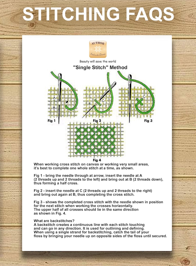 Puede incluir: Diagramas que ilustran el m&eacute;todo "Single Stitch" para punto de cruz, con hilo verde y agujas sobre una cuadr&iacute;cula. El texto explica cada paso, incluida la formaci&oacute;n de una media cruz y la finalizaci&oacute;n de la puntada. Fondo de madera.