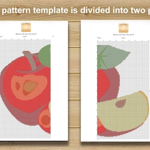 May include: Two-part cross-stitch pattern featuring a red apple with green leaves and a slice. The text "Beauty will save the world" is visible. The pattern template is divided into two parts.