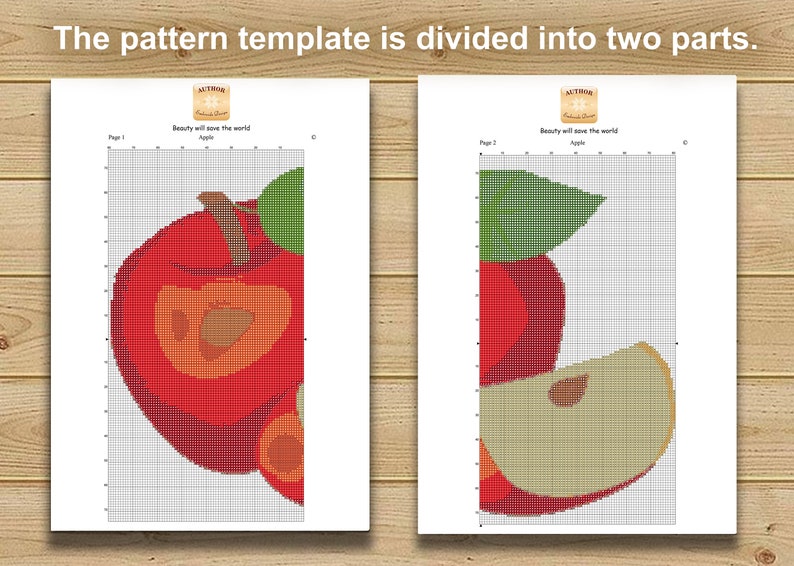 May include: Two-part cross-stitch pattern featuring a red apple with green leaves and a slice. The text "Beauty will save the world" is visible. The pattern template is divided into two parts.