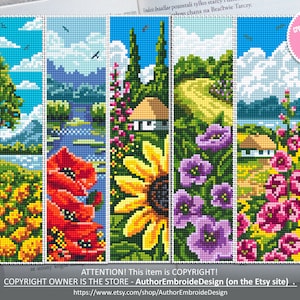 Floral Bookmark set cross stitch pattern download PDF Handmade bookmark pattern digital PDF, Flower cross stitch chart, Spring, Nature #B117