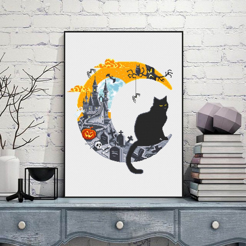 Halloween Cat Cross Stitch Pattern PDF Download Crescent Moon Cross ...