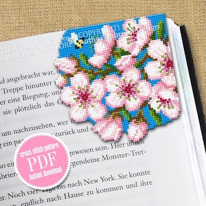 Kersenbloesem hoek bladwijzer kruissteekpatroon pdf-download Lentebloemen kruissteekkaart, Sakura bladwijzerpatroon digitaal #B439