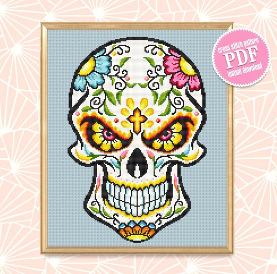 Halloween sugar skull cross stitch pattern download PDF Day of the Dead pattern PDF Mexican skull beginner stitch Flower skull painting #H27