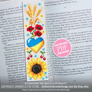 Ukraine bookmark cross stitch pattern PDF download Folk Symbols of Ukraine cross stitch chart, Handmade bookmark digital PDF Sunflower #B208