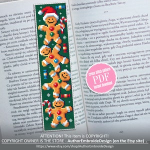 Christmas bookmark cross stitch pattern download PDF Gingerbread man cross stitch chart, Winter holiday embroidery PDF, Book lover gift #B84