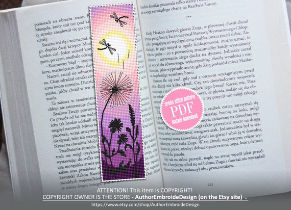 Nature bookmark cross stitch pattern download PDF Handmade bookmark digital, Summer sunset cross stitch chart Floral blackwork pattern #B110