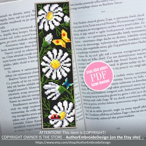 Flower bookmark cross stitch pattern download PDF Chamomile flowers cross stitch chart, Handmade bookmark digital PDF, Floral pattern #B204