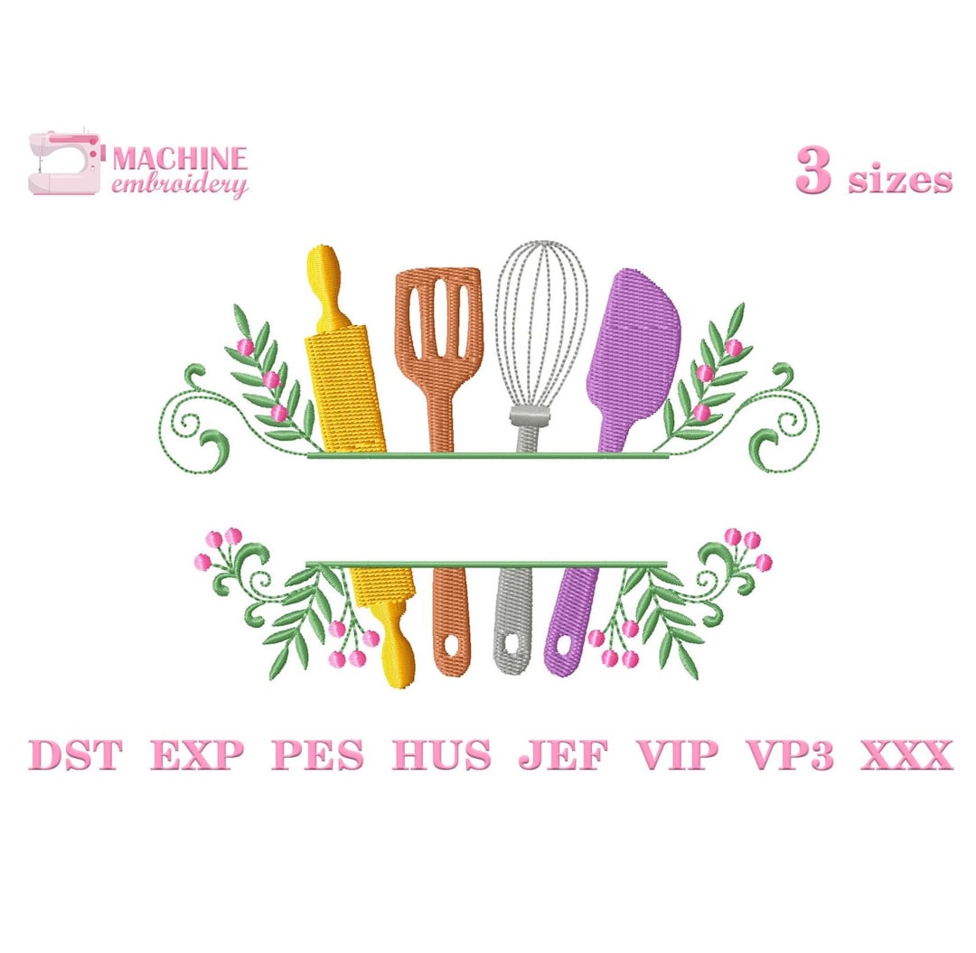 Kitchen Utensils Split Frame Machine Embroidery Design 3 Sizes, Baking