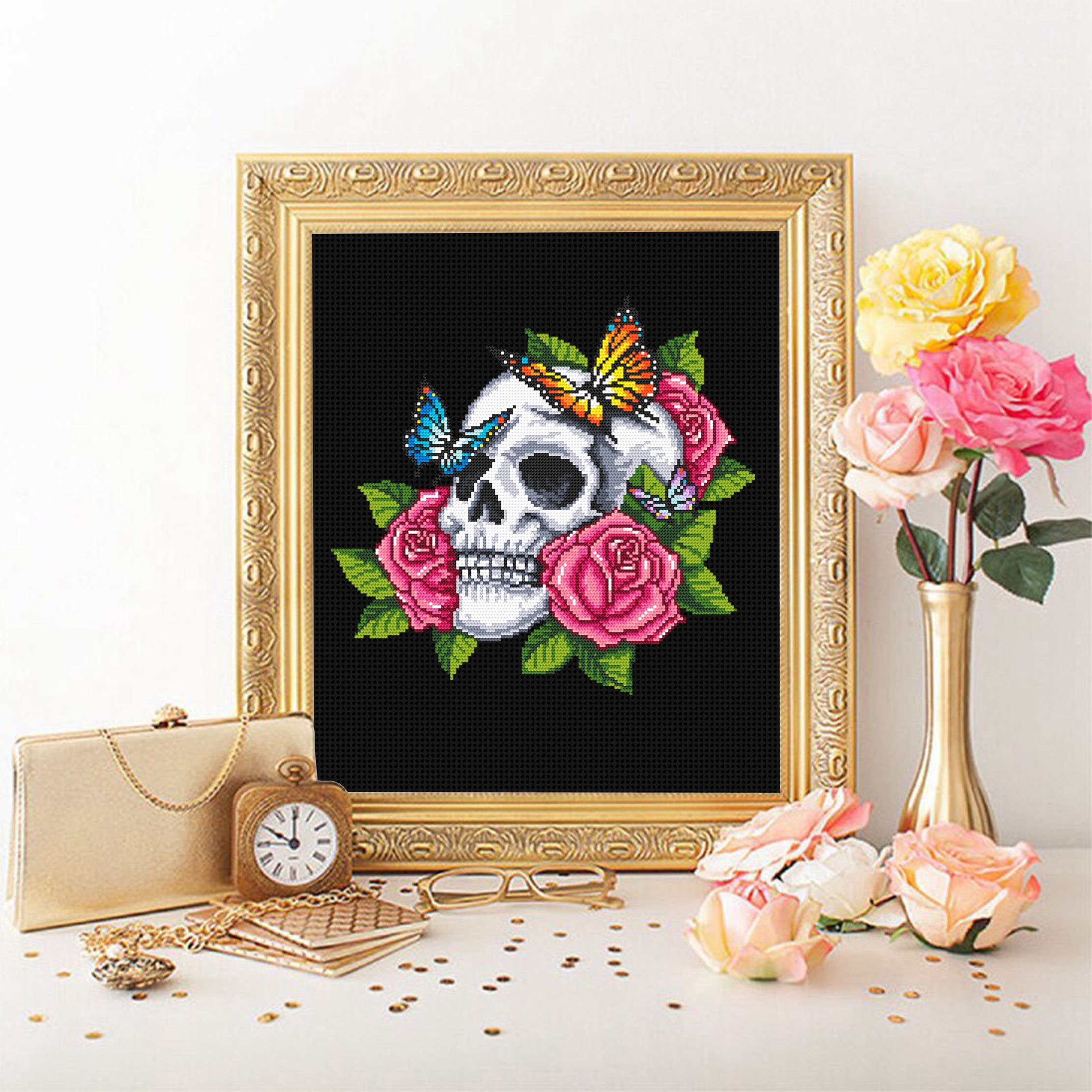Human Skull With Flowers Cross Stitch Pattern PDF Download Gothic Cross ...