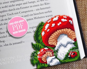 Mushroom Corner bookmark cross stitch pattern PDF download Amanita mushroom cross stitch chart, Mushroom bookmark pattern digital PDF #B399