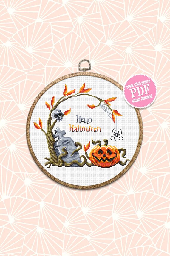 Hello Halloween Cross Stitch Pattern Download PDF Pumpkin - Etsy