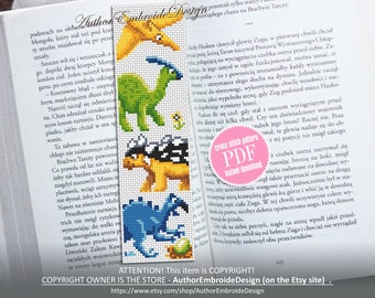 Dinosaur bookmark cross stitch pattern PDF download Baby dinosaur cross stitch chart, Bookmark pattern digital PDF, Dinosaur gifts #B279