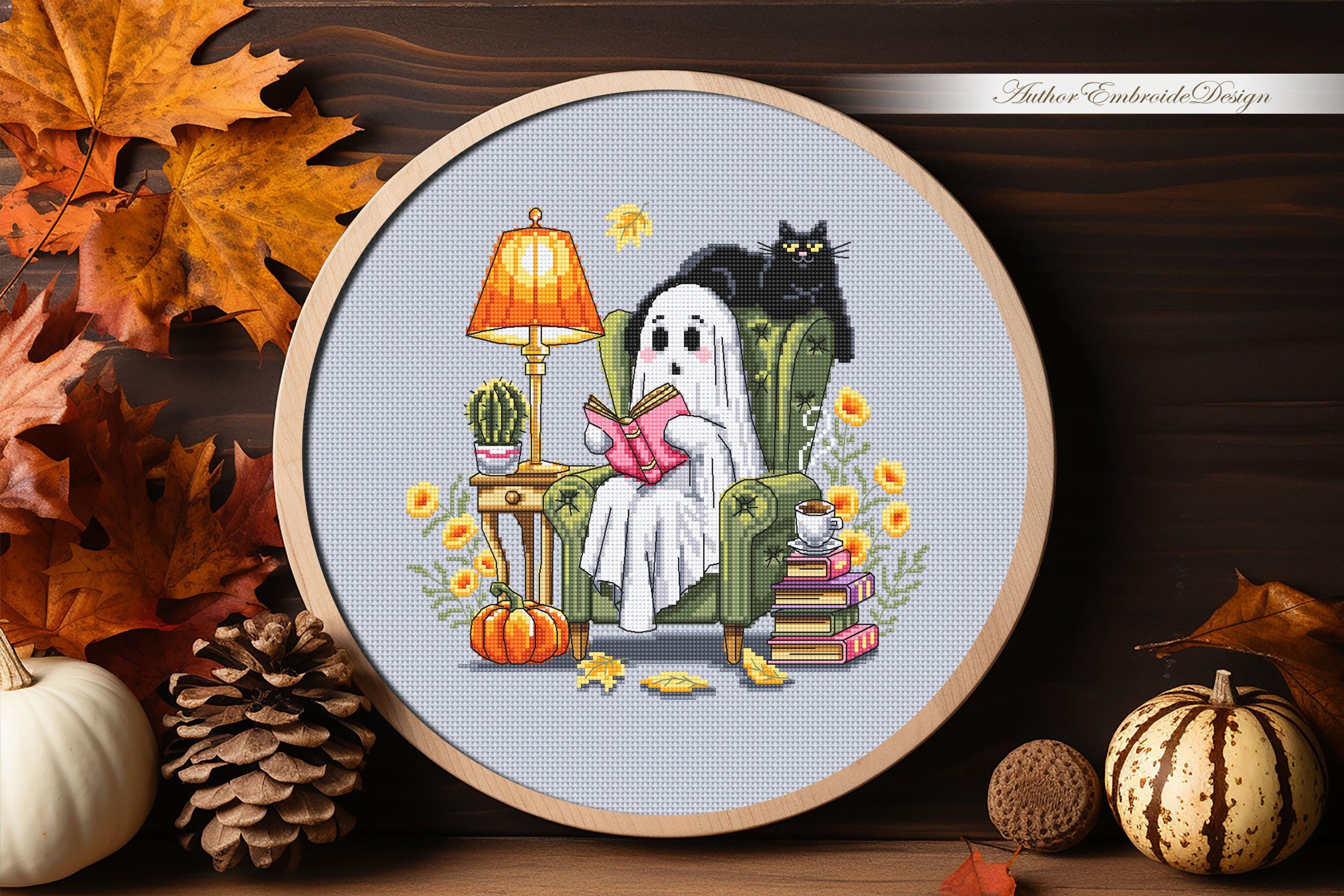 Reading Ghost With Black Cat Cross Stitch Pattern PDF Download Cute ...