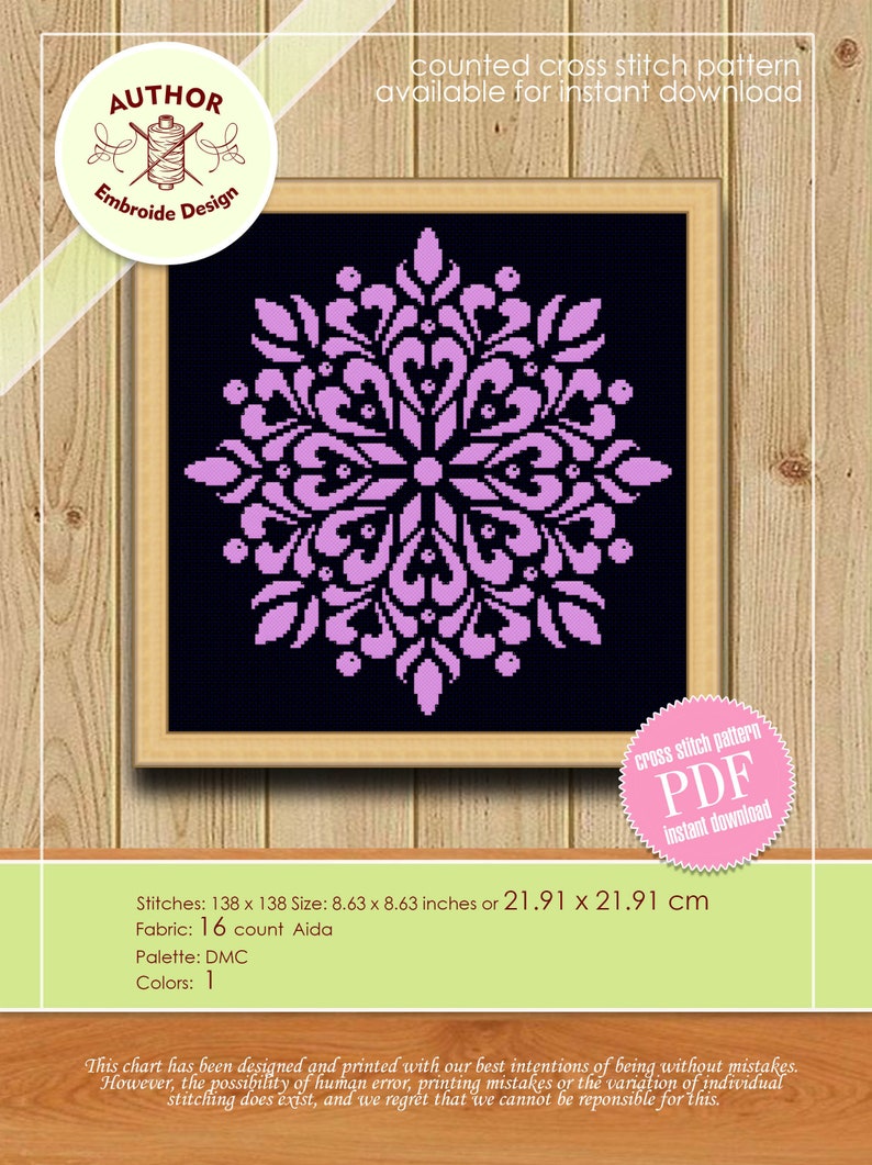 May include: A framed counted cross stitch pattern featuring a symmetrical floral design in shades of pink on a black background. The pattern is 8.63 x 8.63 inches (21.91 x 21.91 cm) and available for instant download.