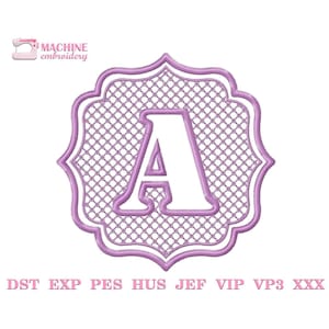 May include: A lavender-colored embroidered letter "A" within a decorative frame. The frame has a scalloped edge and a lattice-like pattern. The text "MACHINE embroidery" and file type abbreviations are also visible.