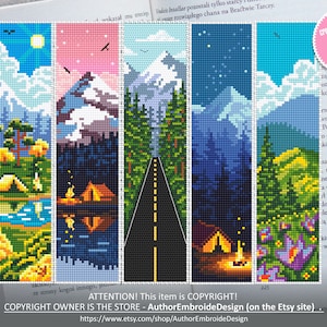 Nature Bookmark set cross stitch pattern download PDF Handmade bookmark pattern digital PDF, Camping cross stitch, Mountain landscape #B115