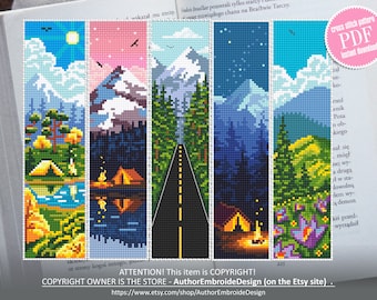 Nature Bookmark set cross stitch pattern download PDF Handmade bookmark pattern digital PDF, Camping cross stitch, Mountain landscape #B115