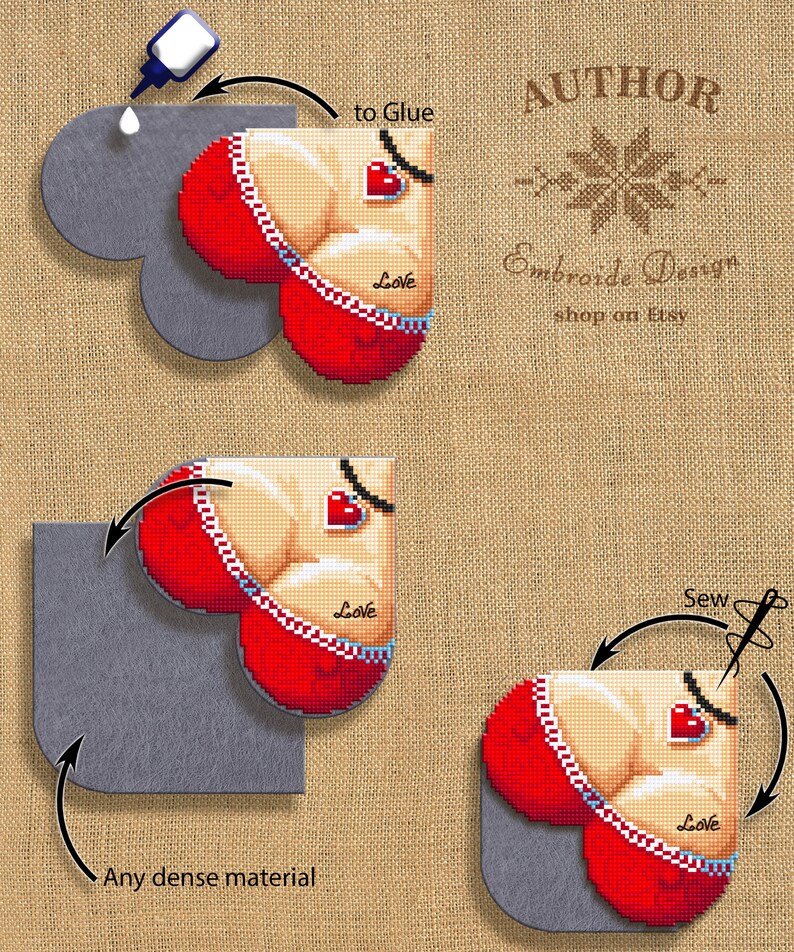 Heart Corner bookmark cross stitch pattern PDF download, Boobs cross stitch chart, Valentine bookmark digital PDF, Funny bookmark tits B248 image 3