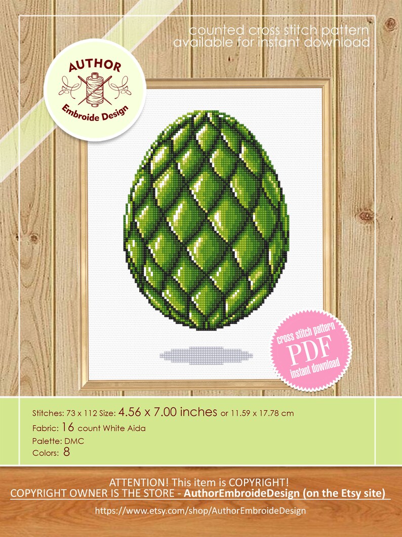 May include: A framed cross-stitch pattern featuring a green, textured egg design. The pattern is 4.56 x 7.00 inches and available for instant download. The design includes 8 colors and is on 16 count White Aida fabric.