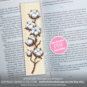 Cotton plant bookmark cross stitch pattern PDF download Modern handmade bookmark digital PDF, Floral cross stitch chart, Bavovna plant #B138