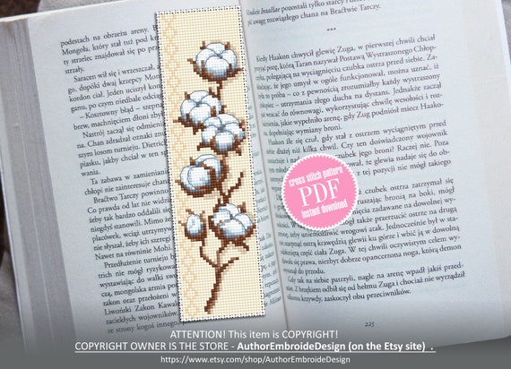 Cotton plant bookmark cross stitch pattern PDF download Modern handmade bookmark digital PDF, Floral cross stitch chart, Bavovna plant #B138