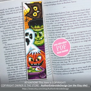 Halloween bookmark cross stitch pattern download PDF Handmade bookmark Halloween embroidery, Kawaii Halloween digital, Book lover gift #B52