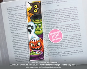 Halloween bookmark cross stitch pattern download PDF Handmade bookmark Halloween embroidery, Kawaii Halloween digital, Book lover gift #B52