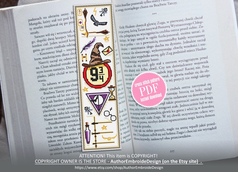 Magic bookmark cross stitch pattern PDF download, Handmade bookmark digital PDF, Wizard hat cross stitch chart, Wizard world Fan art B124 image 1