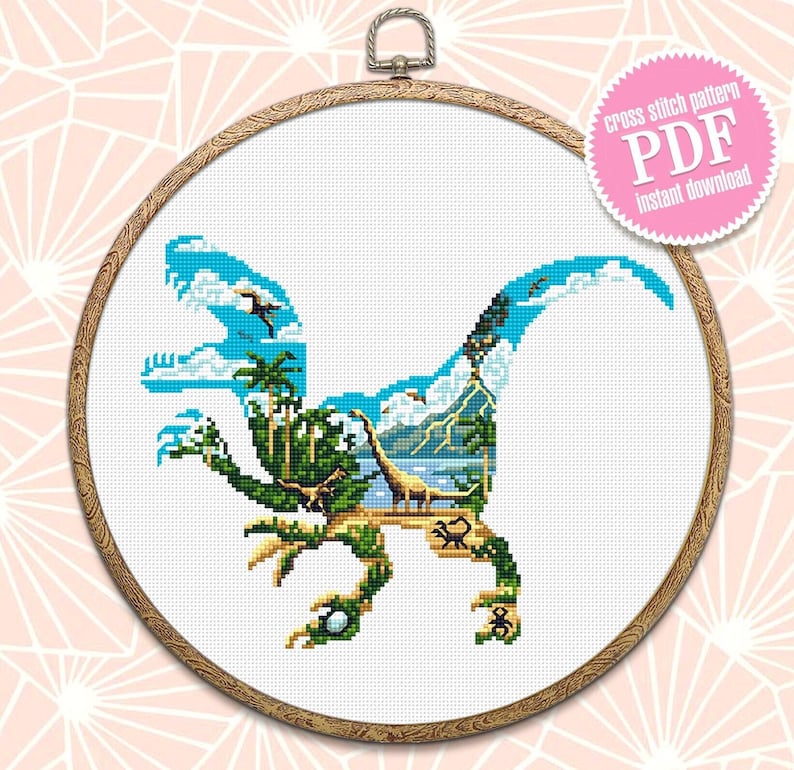 May include: A cross stitch pattern PDF for a dinosaur silhouette with a jungle scene inside. The pattern is in a hoop and the text "cross stitch pattern PDF instant download" is on a pink circle.