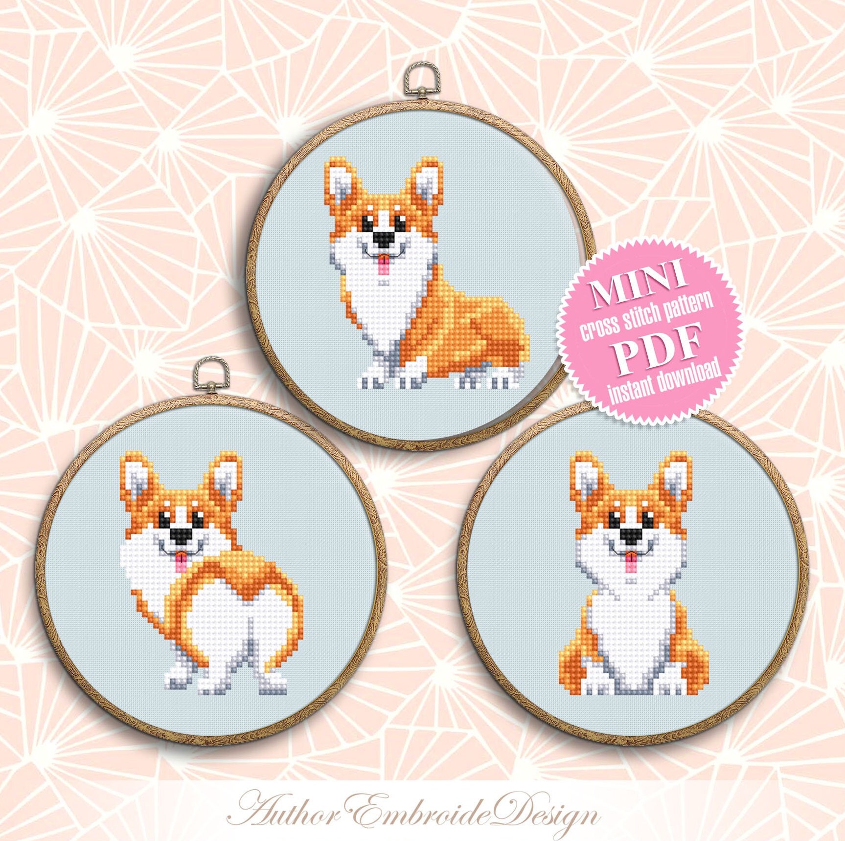 Funny Corgi Cross Stitch Pattern PDF Download Set of 3 Mini Dog