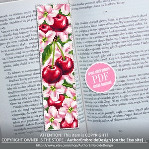 Сherry blossom bookmark cross stitch pattern PDF download Floral bookmark pattern, Cherry berries, Spring embroidery PDF Sakura flower #B145