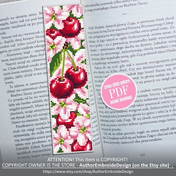 Сherry blossom bookmark cross stitch pattern PDF download Floral bookmark pattern, Cherry berries, Spring embroidery PDF Sakura flower #B145