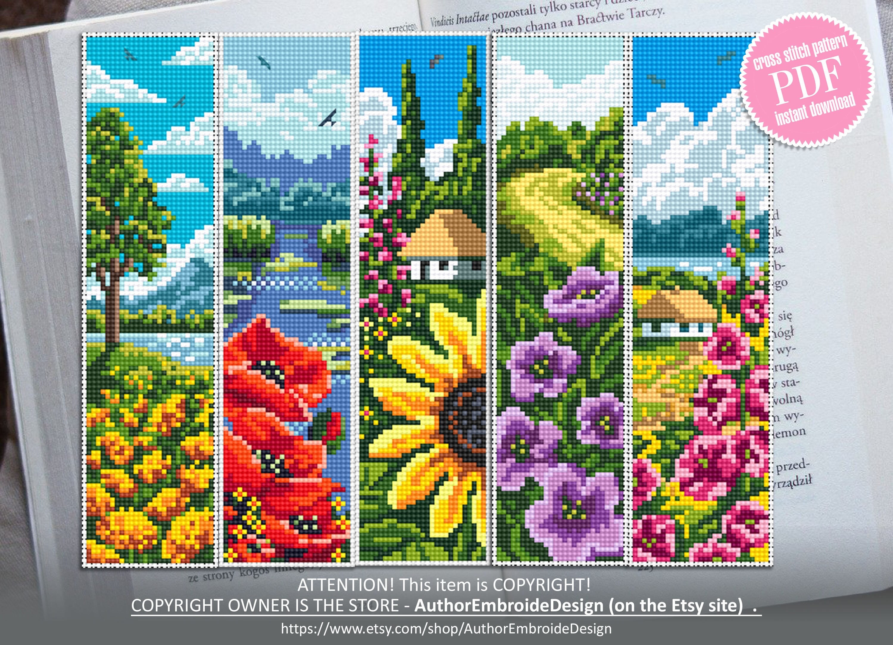 Patrón de punto de cruz para marcapáginas con diseño floral, descarga en PDF Patrón de marcapáginas hecho a mano en formato digital en PDF, Gráfico de punto de cruz con flores, Primavera, Naturaleza #B117