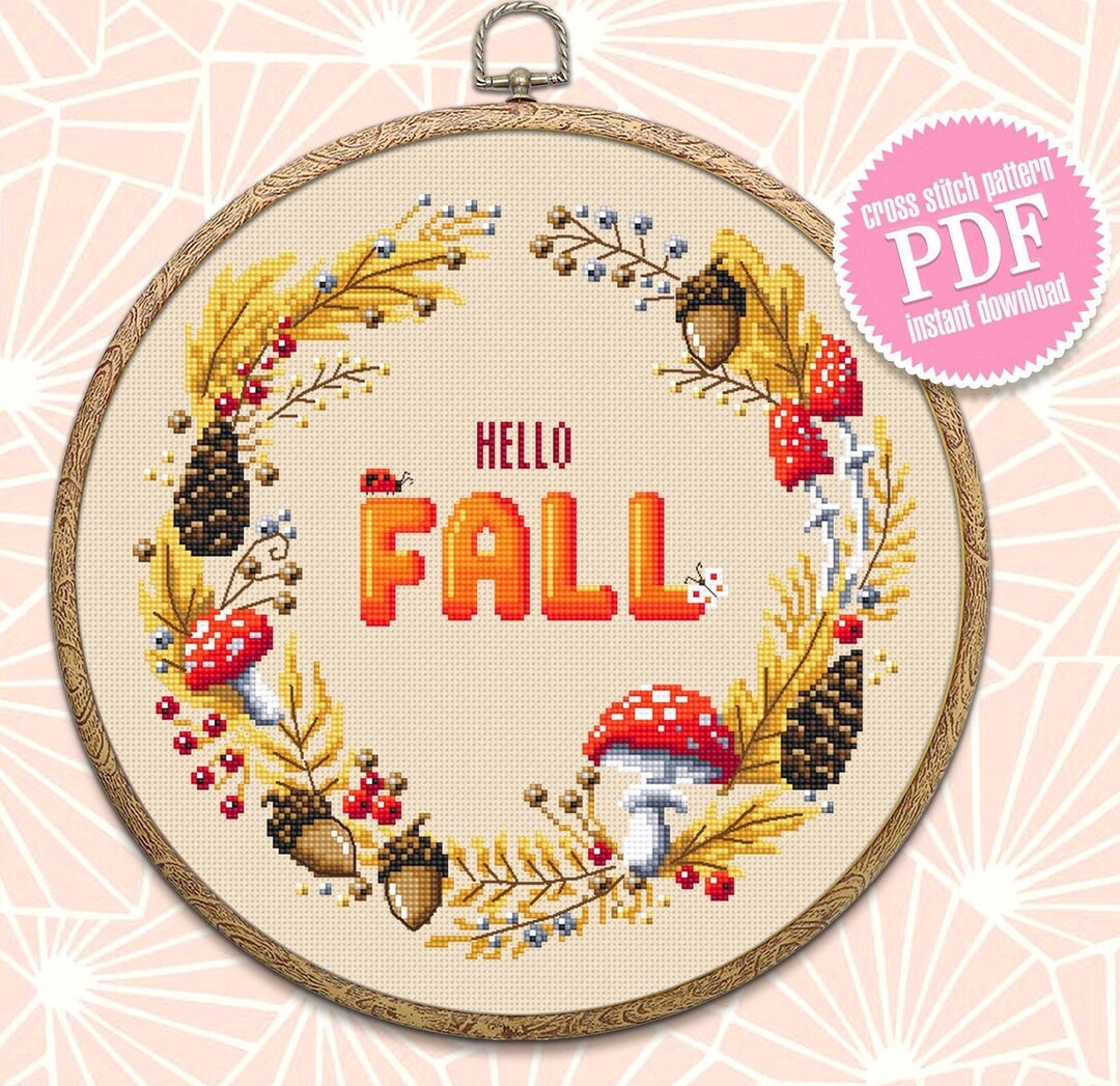 Hello Fall Wreath Cross Stitch Pattern Download PDF, Magic Amanita ...