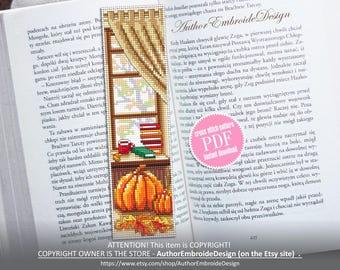 Fall bookmark cross stitch pattern PDF instant download Autumn window cross stitch chart, Cozy bookmark pattern digital PDF, Pumpkin #B540