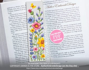 Flower bookmark cross stitch pattern PDF download Wildflowers cross stitch chart, Floral bookmark pattern digital, Watercolor flowers #B453