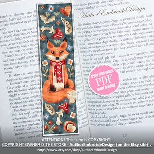 Animal bookmark cross stitch pattern PDF download Scandinavian folk fox cross stitch chart, Autumn bookmark pattern digital PDF #B426