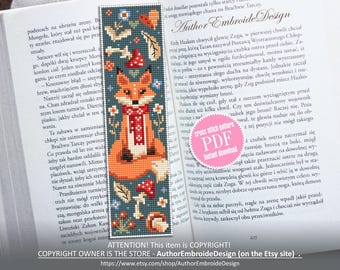 Animal bookmark cross stitch pattern PDF download Scandinavian folk fox cross stitch chart, Autumn bookmark pattern digital PDF #B426