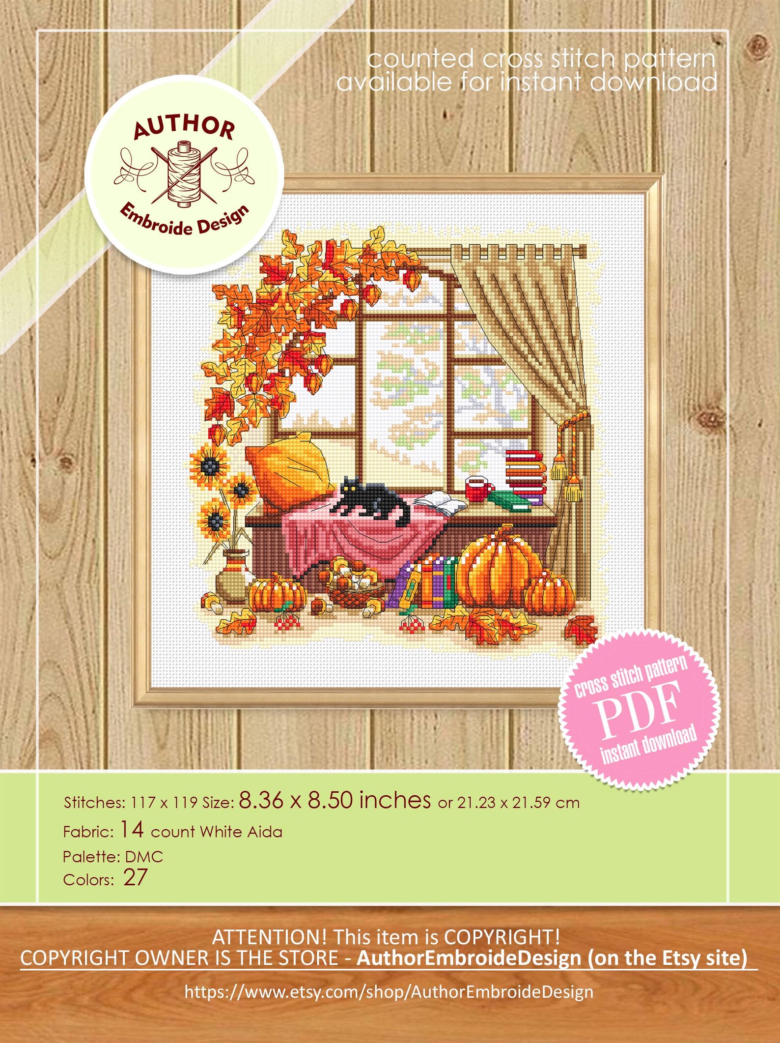Autumn Window Cross Stitch Pattern PDF Download Fall Cross Stitch Chart ...