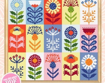 Folk flowers cross stitch pattern PDF download Scandinavian flower sampler, Patchwork cross stitch chart, Floral pattern digital PDF #P44