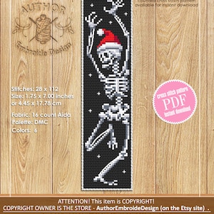 May include: A counted cross stitch pattern of a skeleton wearing a Santa hat. The pattern is on a black background with white stars. The pattern is available for instant download as a PDF.