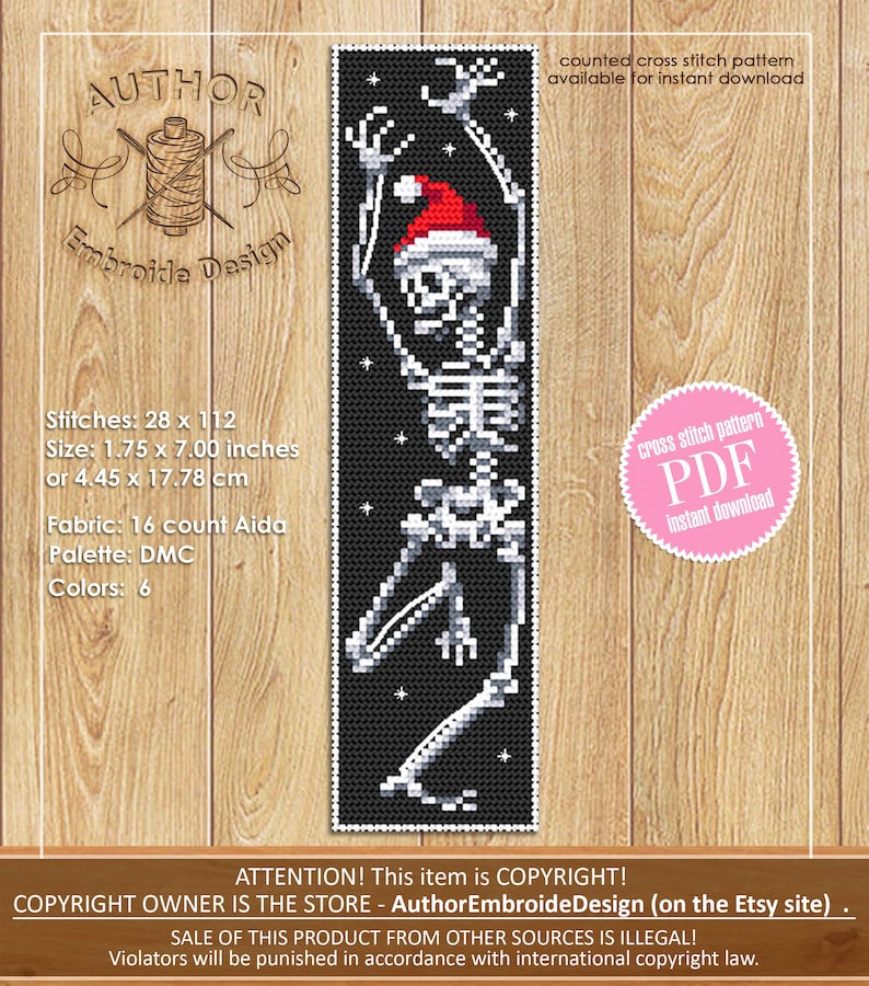 May include: A counted cross stitch pattern of a skeleton wearing a Santa hat. The pattern is on a black background with white stars. The pattern is available for instant download as a PDF.