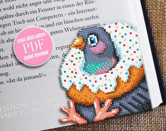 Patrón de punto de cruz para marcapáginas Pigeon Corner, descarga en PDF Gráfico de punto de cruz divertido de paloma con donut, Patrón digital para marcapáginas Bird #B398