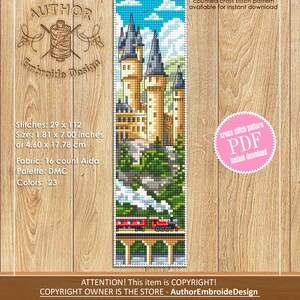 Puede incluir: Un patr&oacute;n de punto de cruz que representa un castillo con altas torres, un tren rojo y un puente. El patr&oacute;n mide 4,60 x 17,78 cm y utiliza 23 colores. El texto dice "counted cross stitch pattern available for instant download".