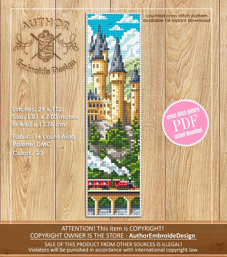 Puede incluir: Un patr&oacute;n de punto de cruz que representa un castillo con altas torres, un tren rojo y un puente. El patr&oacute;n mide 4,60 x 17,78 cm y utiliza 23 colores. El texto dice "counted cross stitch pattern available for instant download".