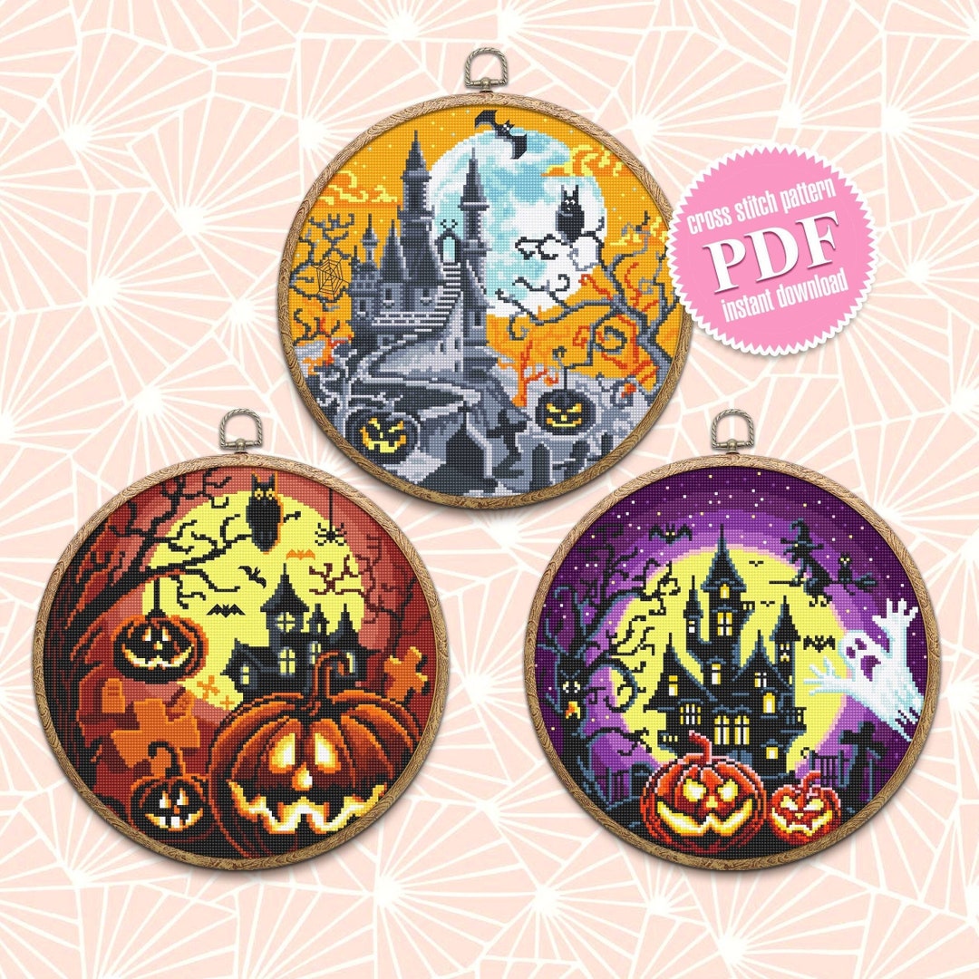 Set Halloween Cross Stitch Pattern Download PDF Haunted House Cross ...